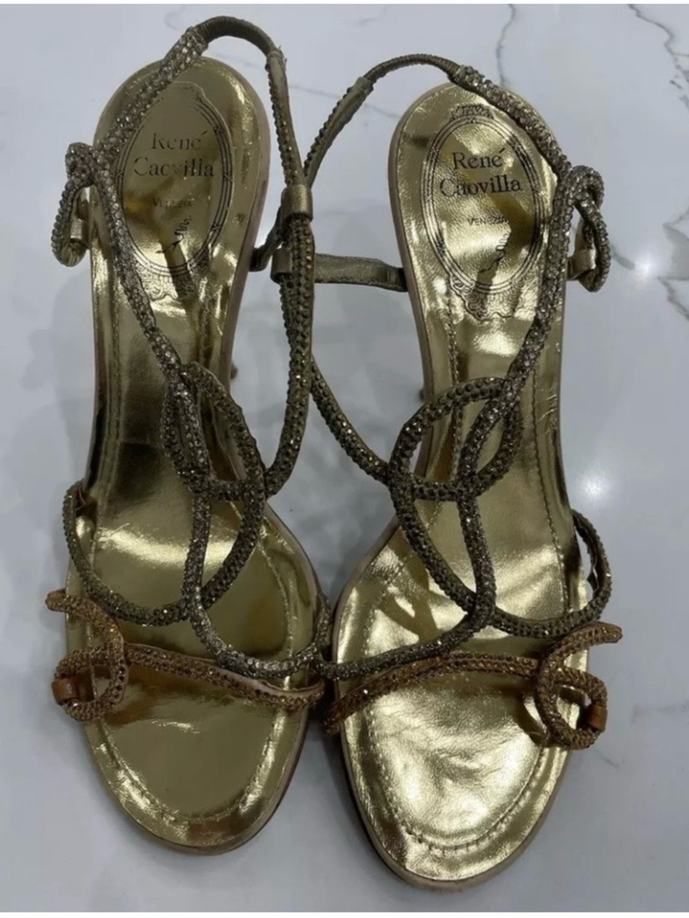 Rene Caovilla Metallic Gold Crystal-Strap Evening Sandals